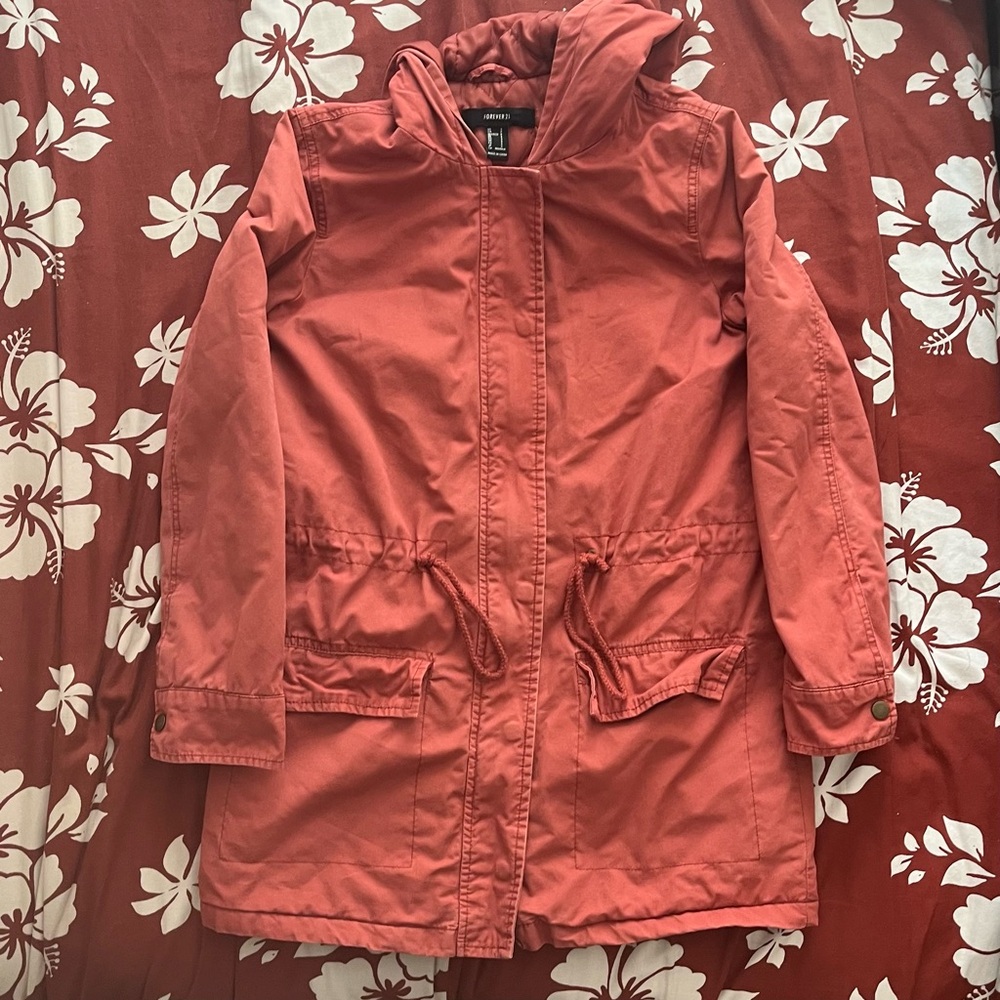 forever 21 pinkish red colored parka coat size small with adjustable waist